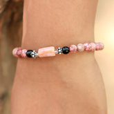 Pink Coral Jade With Howlite Tube Stones Stretch Bracelet in Silver Mini Bali Beads